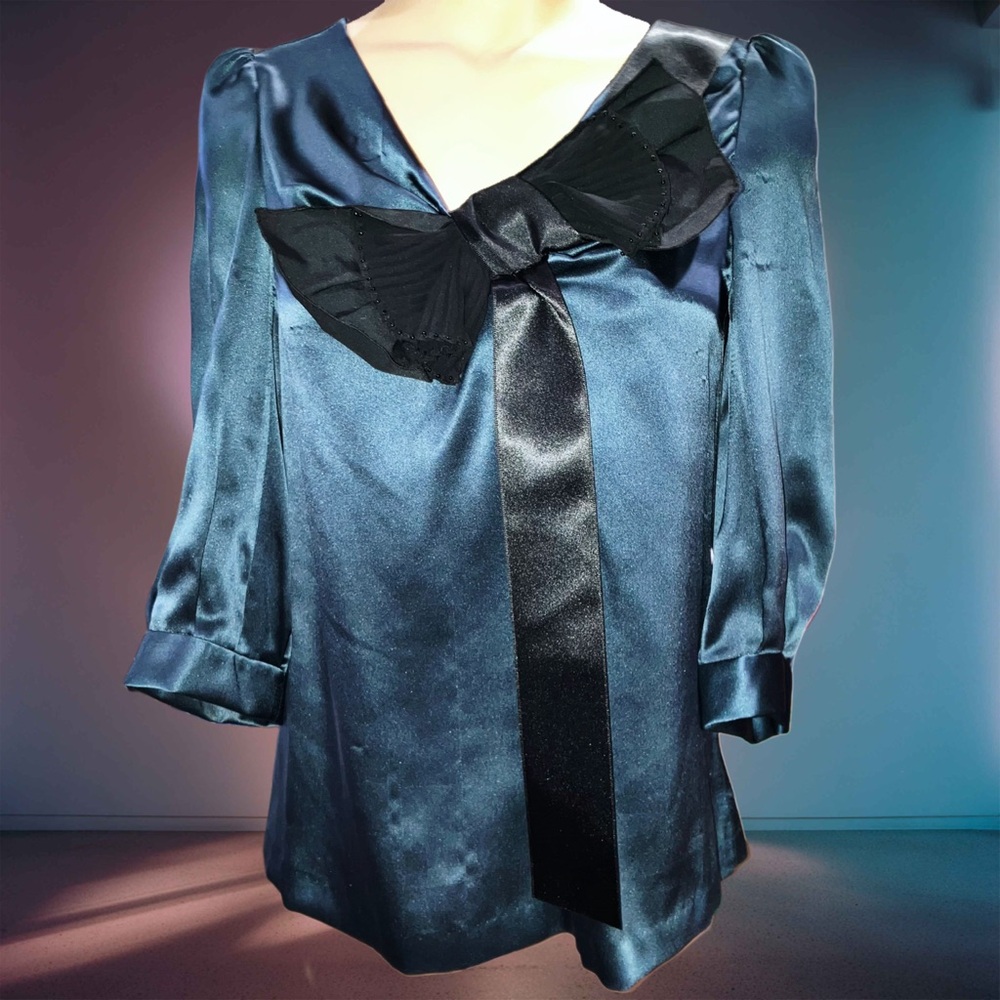 Hanii Y Y2K Babydoll Silk Top Teal Black Satin Fairy Bow Ethereal Holiday Sz 40